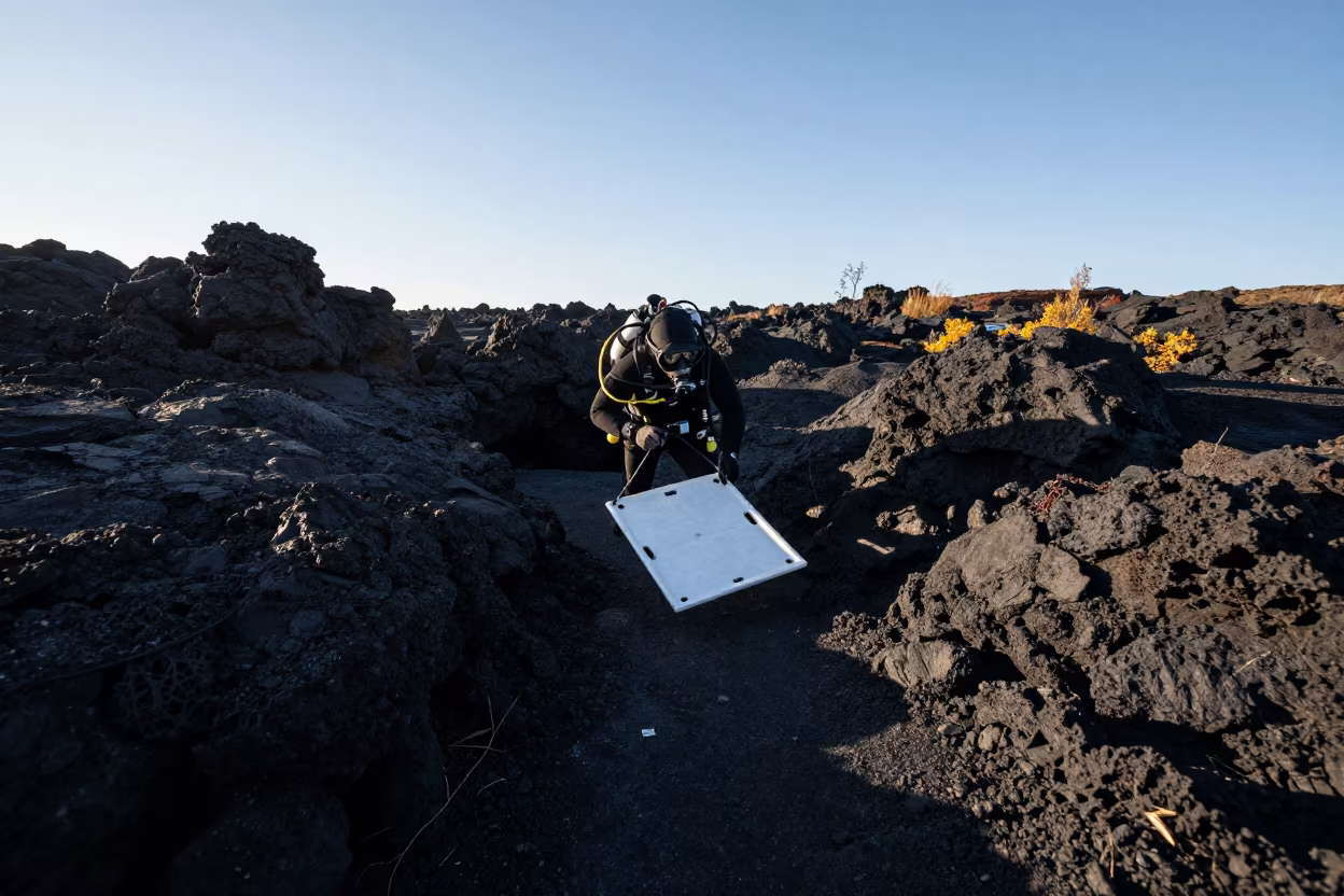 Research Diver Hauling Quadrat on Lava Rock at Dawn in in Almaty