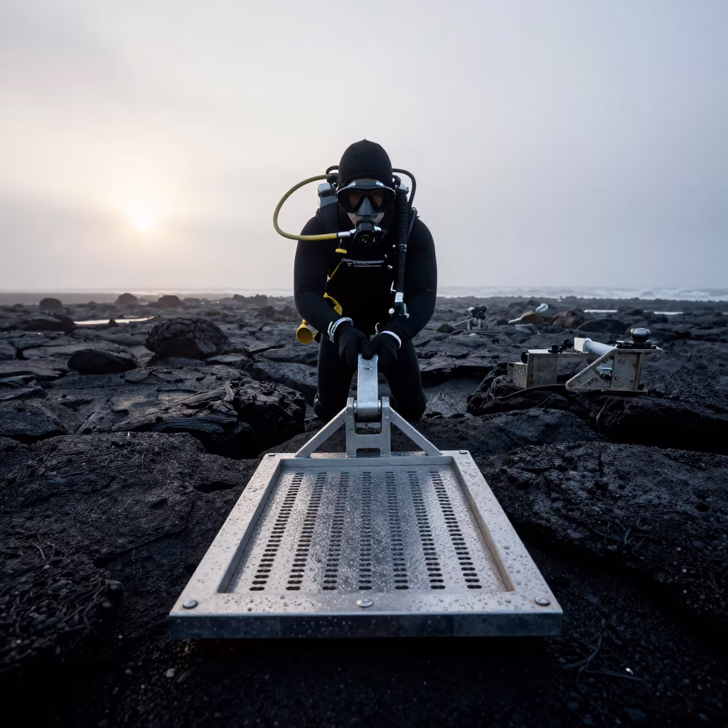 Research Diver Hauls Quadrat Frame Across Lava Rock at Dawn in in Bogotá