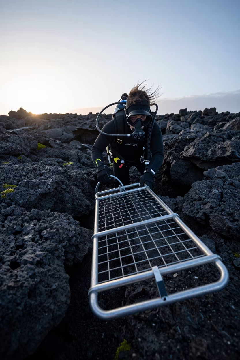 Research Diver Hauls Quadrat Frame on Lava Rock in in Bishkek