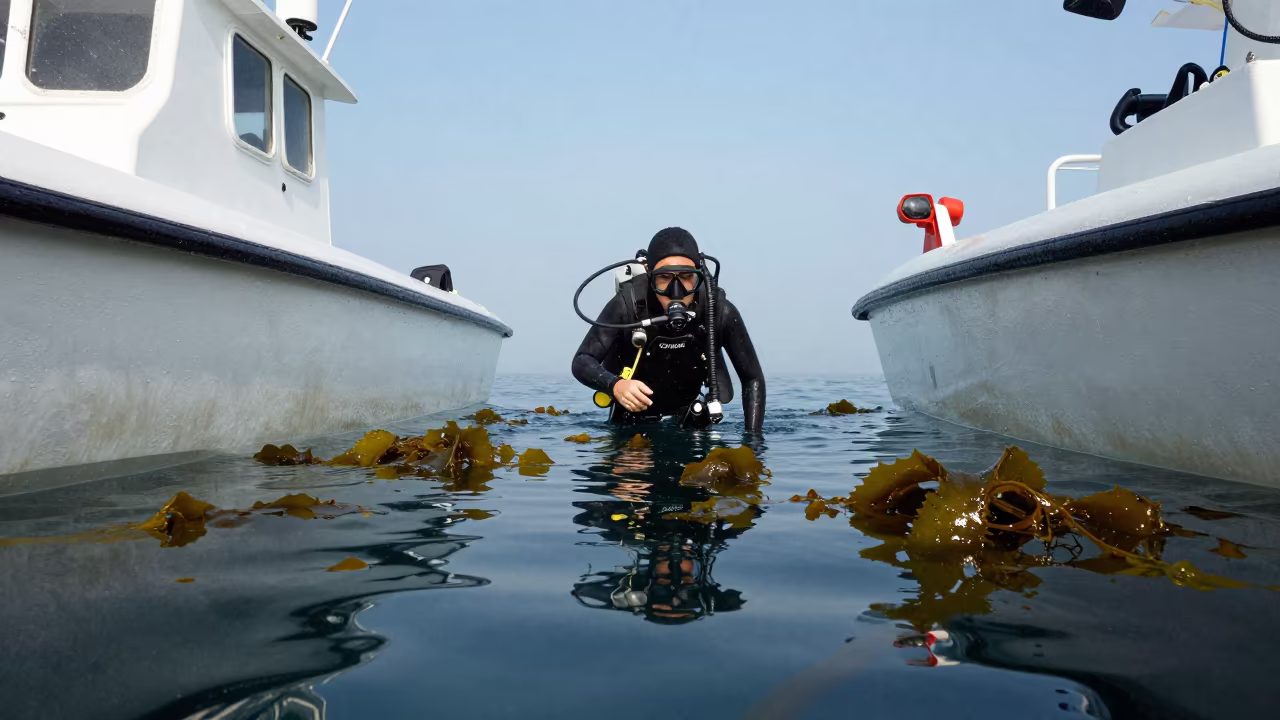 Research Diver Surfaces Beside Science Skiff in Hefei in in Hefei