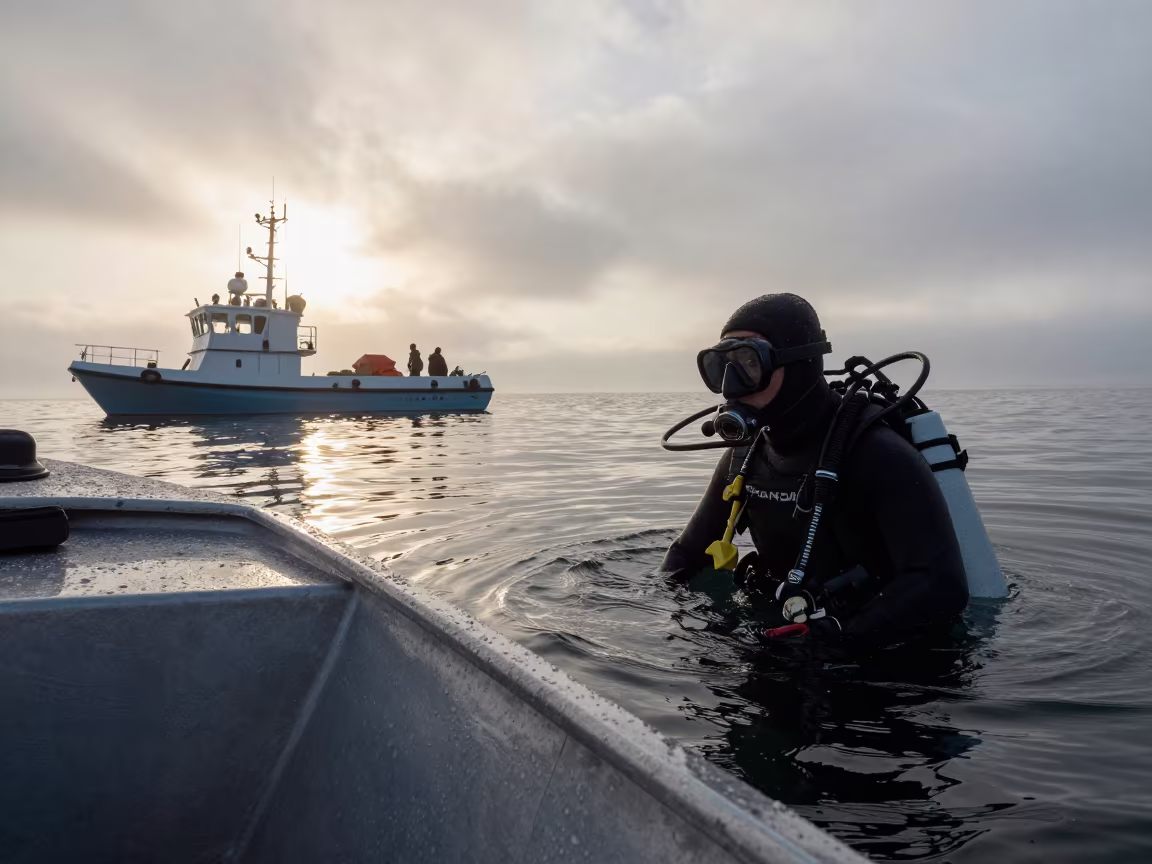 Research Diver Surfacing at Dawn Beside Skiff in near Baqubah