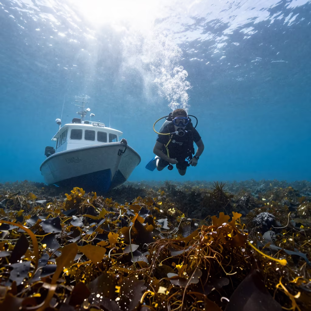 Research Diver Surfacing Near Science Skiff in in Ndola