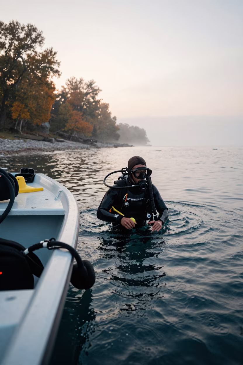 Research diver surfacing beside skiff at dawn in in Karaman