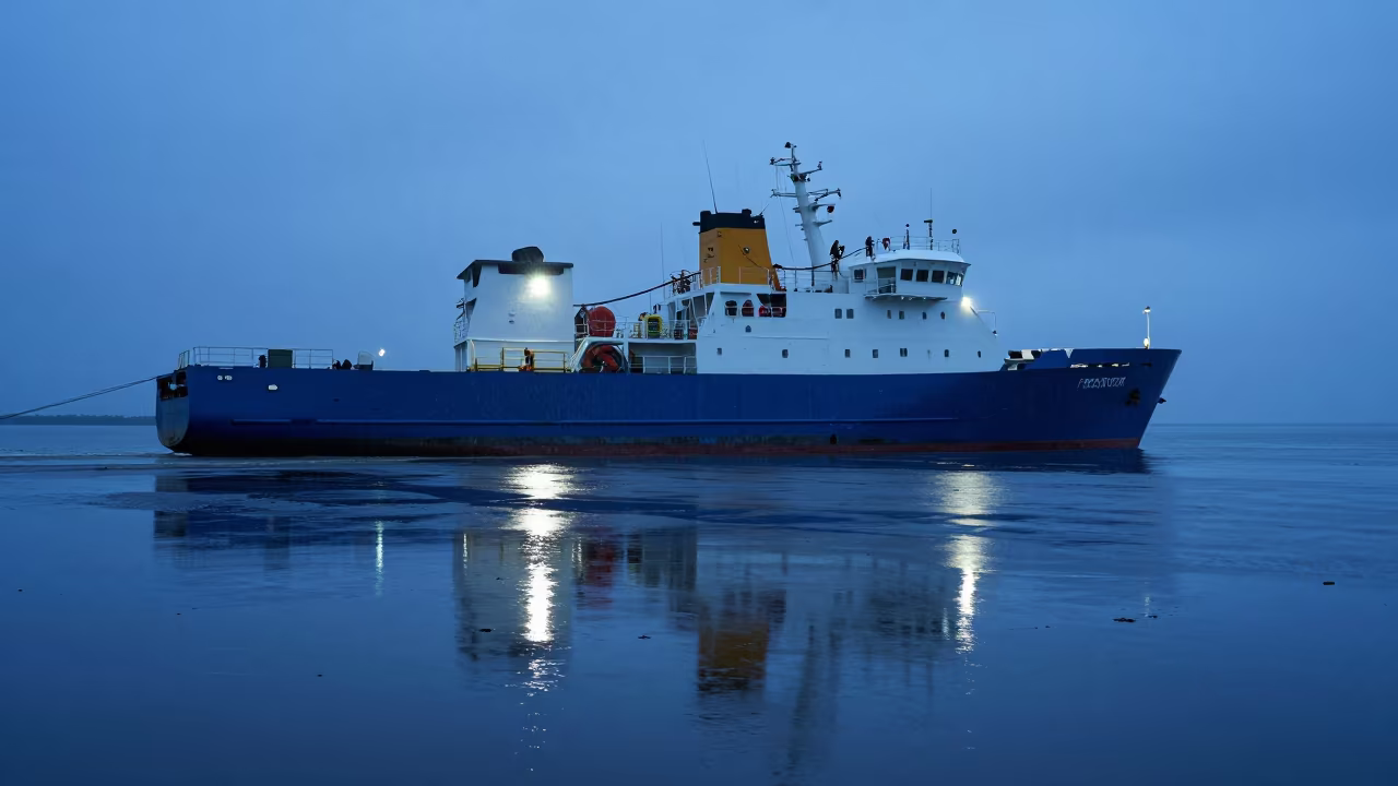 Research Vessel A-Frame in Evening Blue Light in near Hama