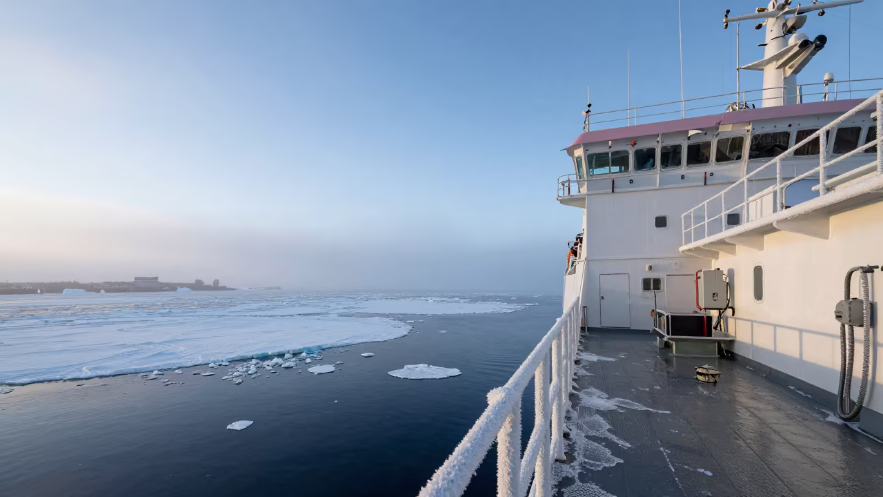 Research Vessel in Antarctic Ice Near Vancouver in beside a fogbound harbor mouth near Vancouver
