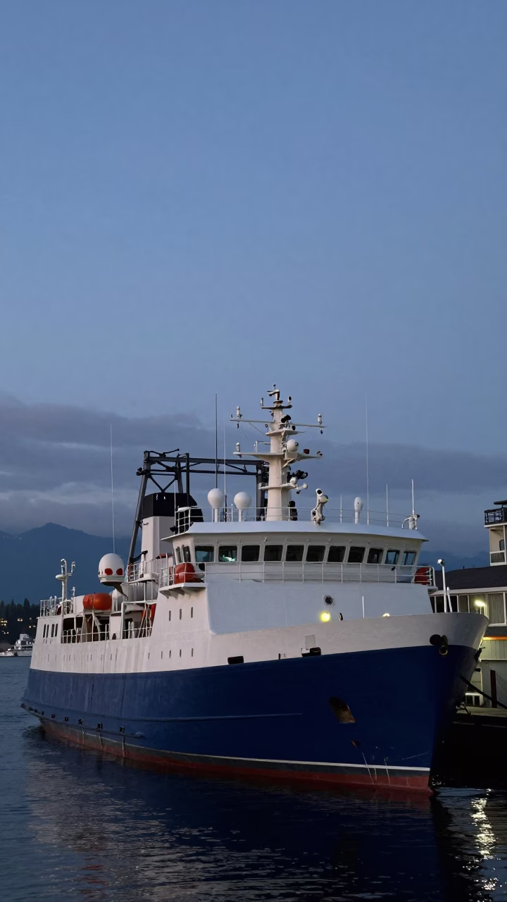 Research Vessel in Vancouver at Twilight in in Vancouver, British Columbia, Canada