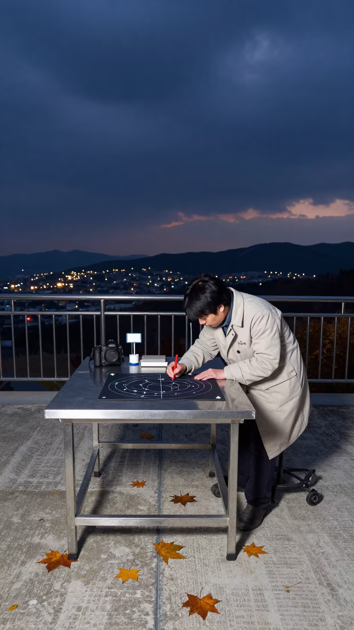 Researcher Annotating Star Charts at Incheon Observatory in on a wind-scoured research platform near Incheon