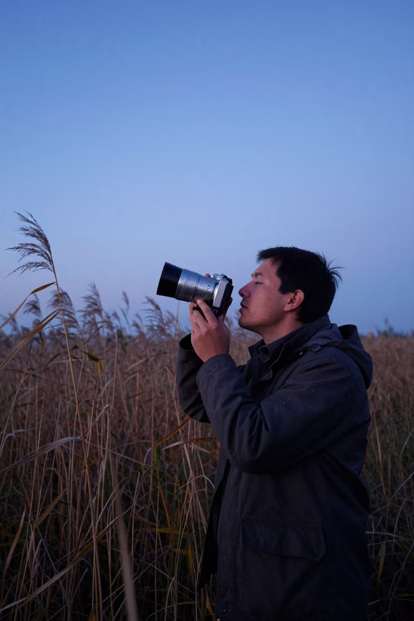 Researcher Recording Bird Calls in Autumn Twilight Near Tashkent in near Tashkent