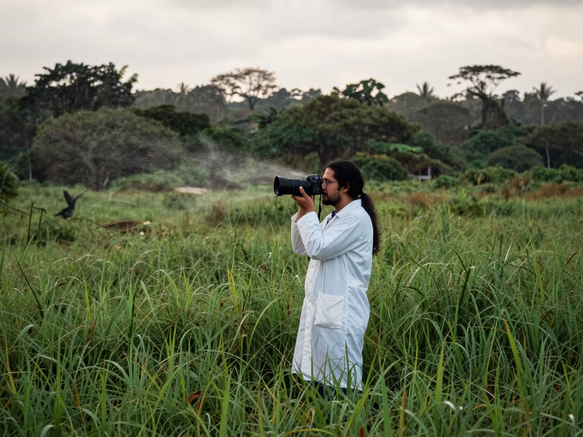 Researcher Recording Bird Calls in Wet Grass in in Campinas