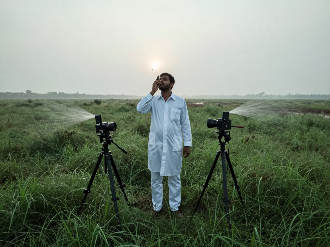 Researcher Records Bird Calls in Wet Madurai Grass in near Madurai