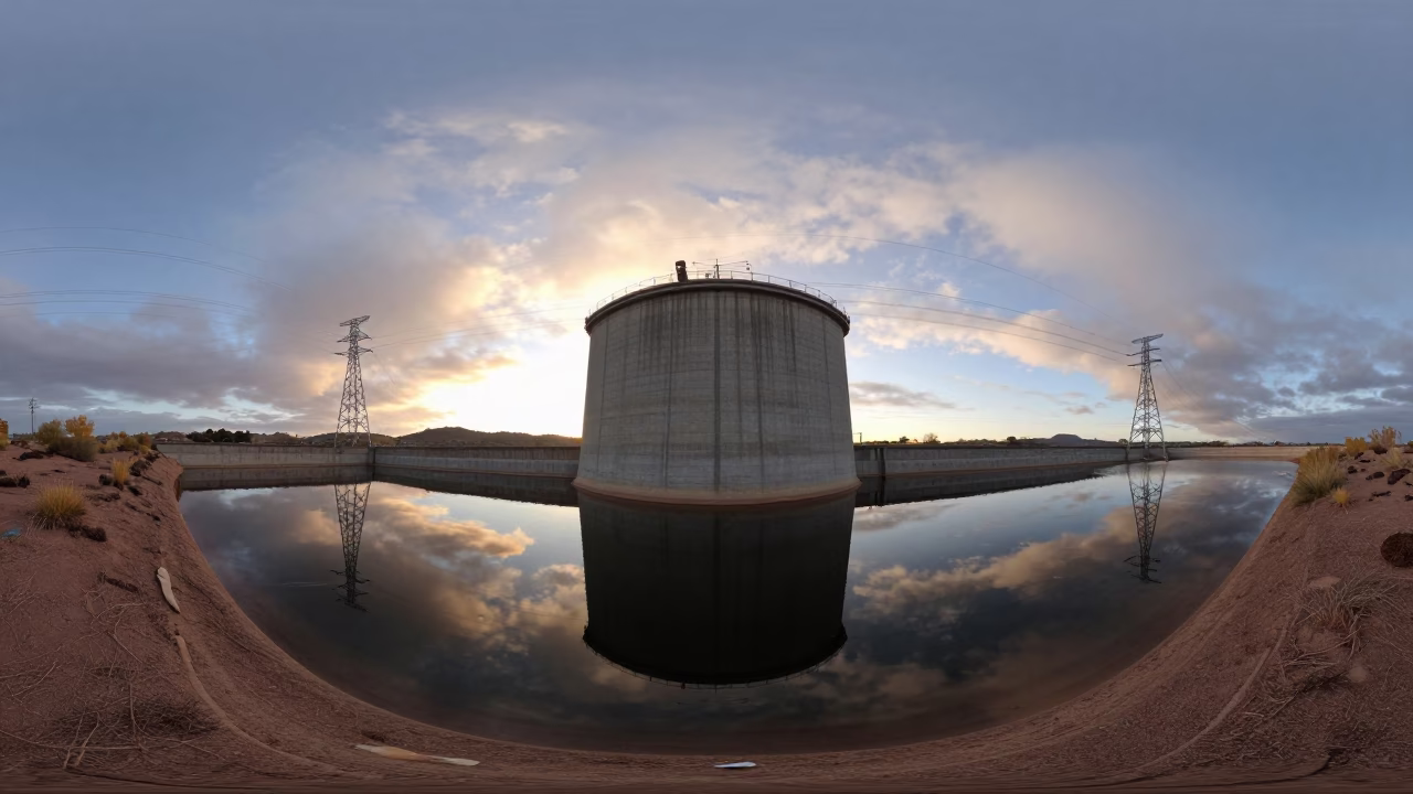 Reservoir Intake Tower Mirrored in Arizona Dawn in beneath transmission towers in Arizona