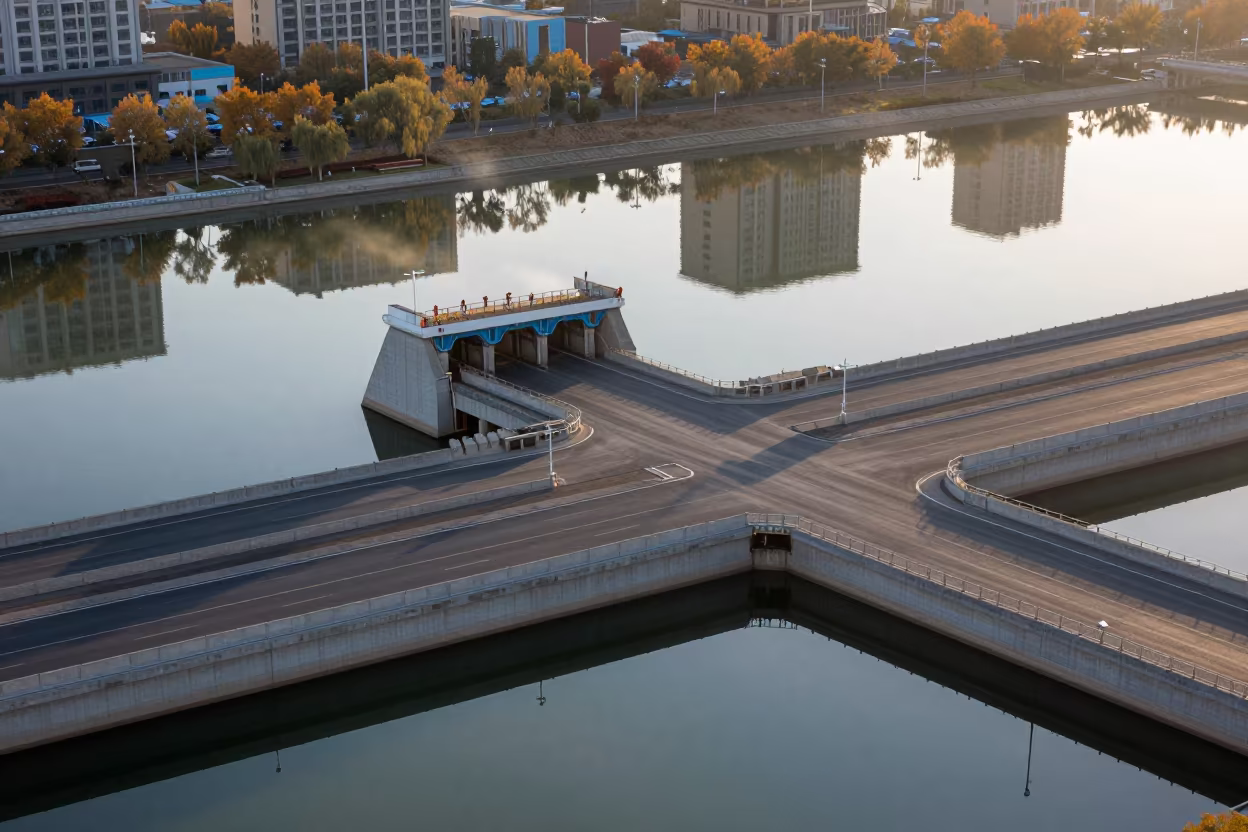 Reservoir Intake Tower Overpass Taiyuan in across a windy overpass interchange in Taiyuan
