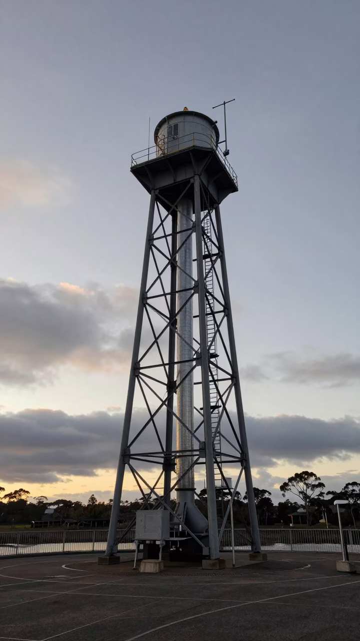Reservoir intake tower under low-hanging clouds at nautical dawn in Perth Western Australia in in Perth, Western Australia, Australia