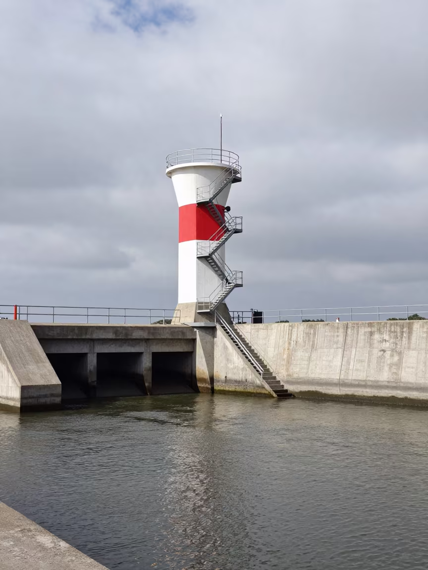 Reservoir Stair Tower Under Noon Sun in beside a storm surge barrier near Soweto