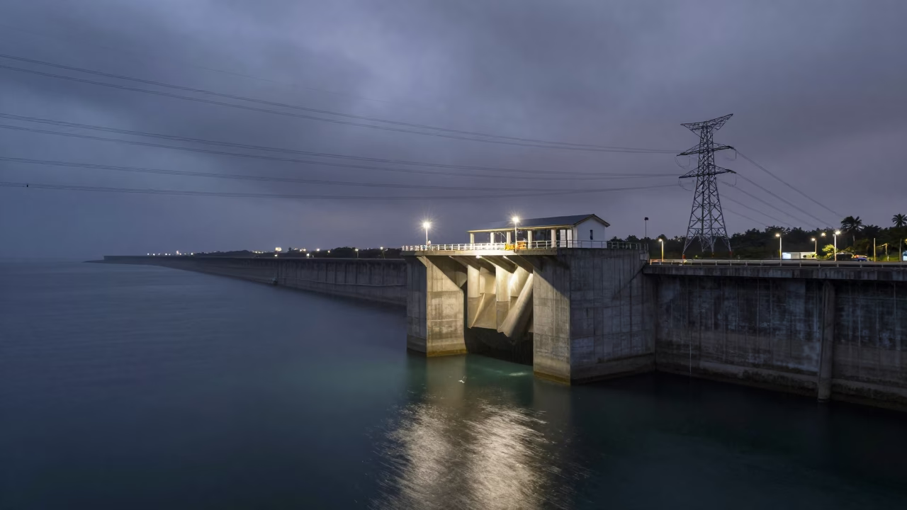 Reservoir Tower Under Clouds at Rainy Season in beneath transmission towers in the Great Barrier Reef