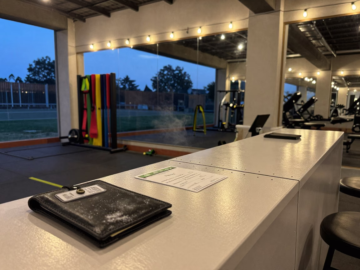 Resistance Band Tag Wallet on Gym Desk in at a gym check-in desk near Chiniot