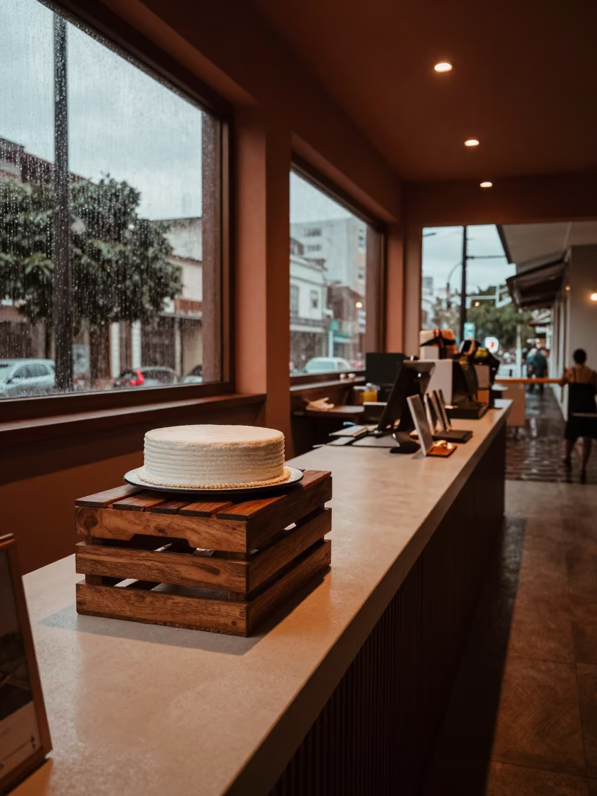 Resort Cake Stand Under Copper Dusk Light in at a reception desk under warm light in Salvador