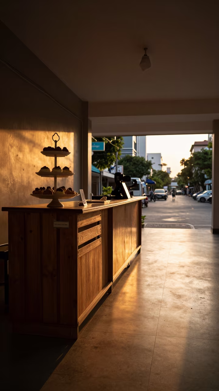 Resort Cake Stand Crate at Sunset in at a reception desk under warm light in Binh Thanh, Ho Chi Minh City