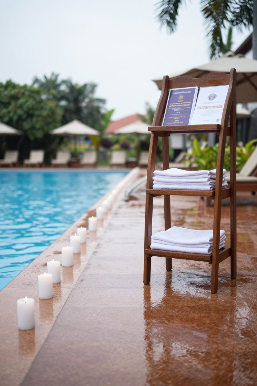 Resort Pool Deck Candle Glow Noon Rain in beside a valet stand after rain in Phnom Penh