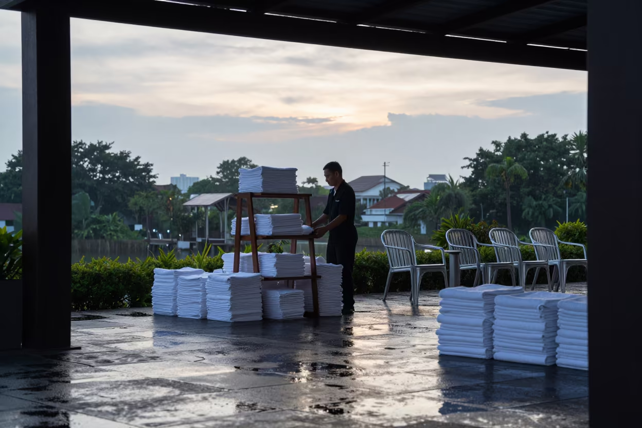 Resort Pool Deck Towels Stacked Before Dawn in beside a valet stand after rain in Bangkok