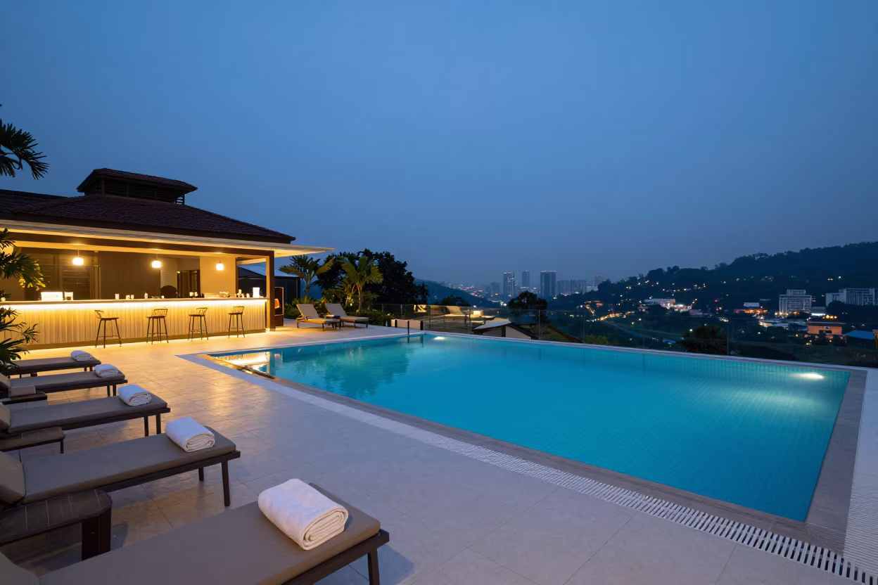 Resort Pool Deck Twilight Reset Kuala Lumpur in on a lodge terrace above the valley in Chow Kit, Kuala Lumpur