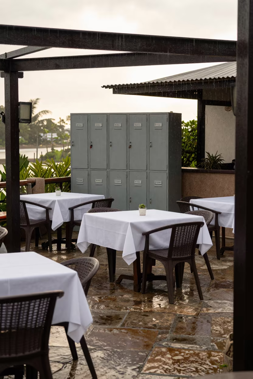 Resort Terrace After Rain with Lockers and Glass in on a resort pool deck in Coatzacoalcos