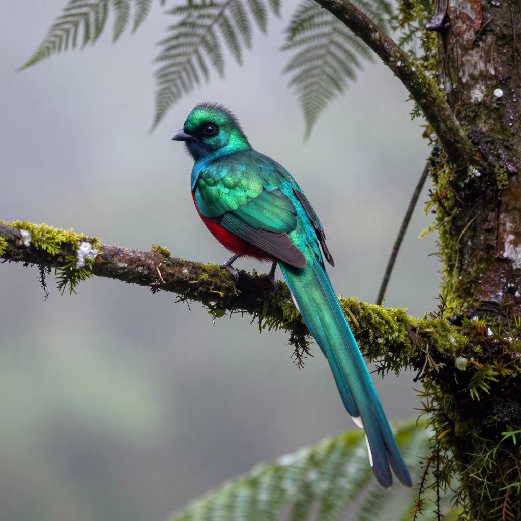 Resplendent Quetzal Winter Morning Cloud Forest in along a game trail near Haight-Ashbury, San Francisco