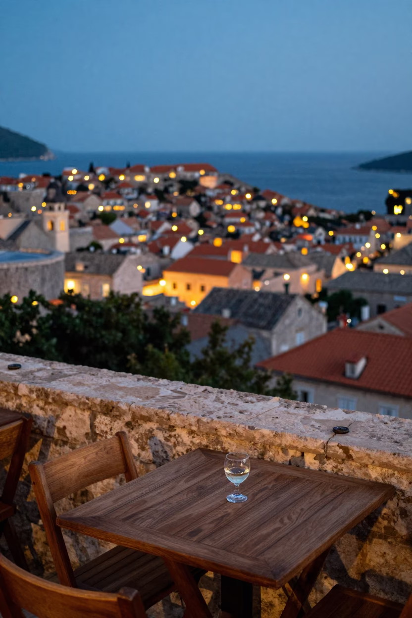 Restaurant Terrace in Dubrovnik at As City Lights Begin To Glow in in Dubrovnik, Croatia
