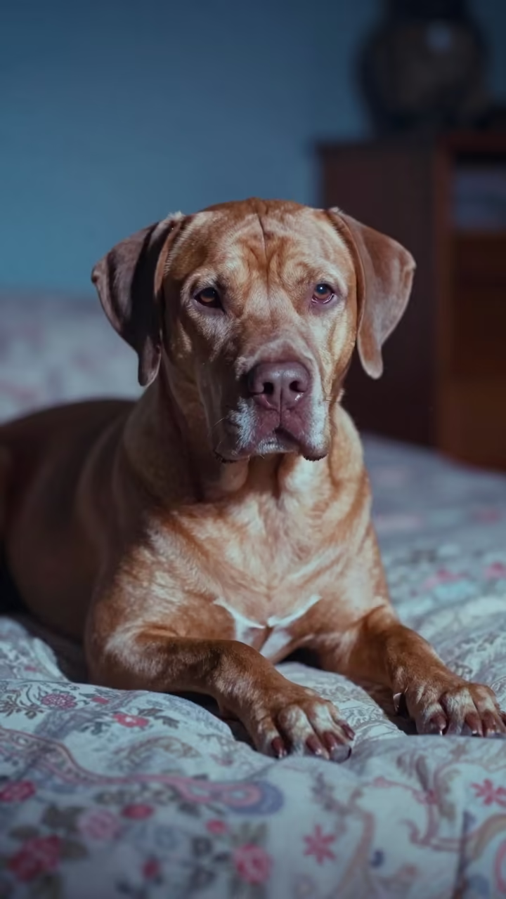 Resting Bolognese Dog Near Window in on a bedspread near a bright window with calm indoor light near Jos