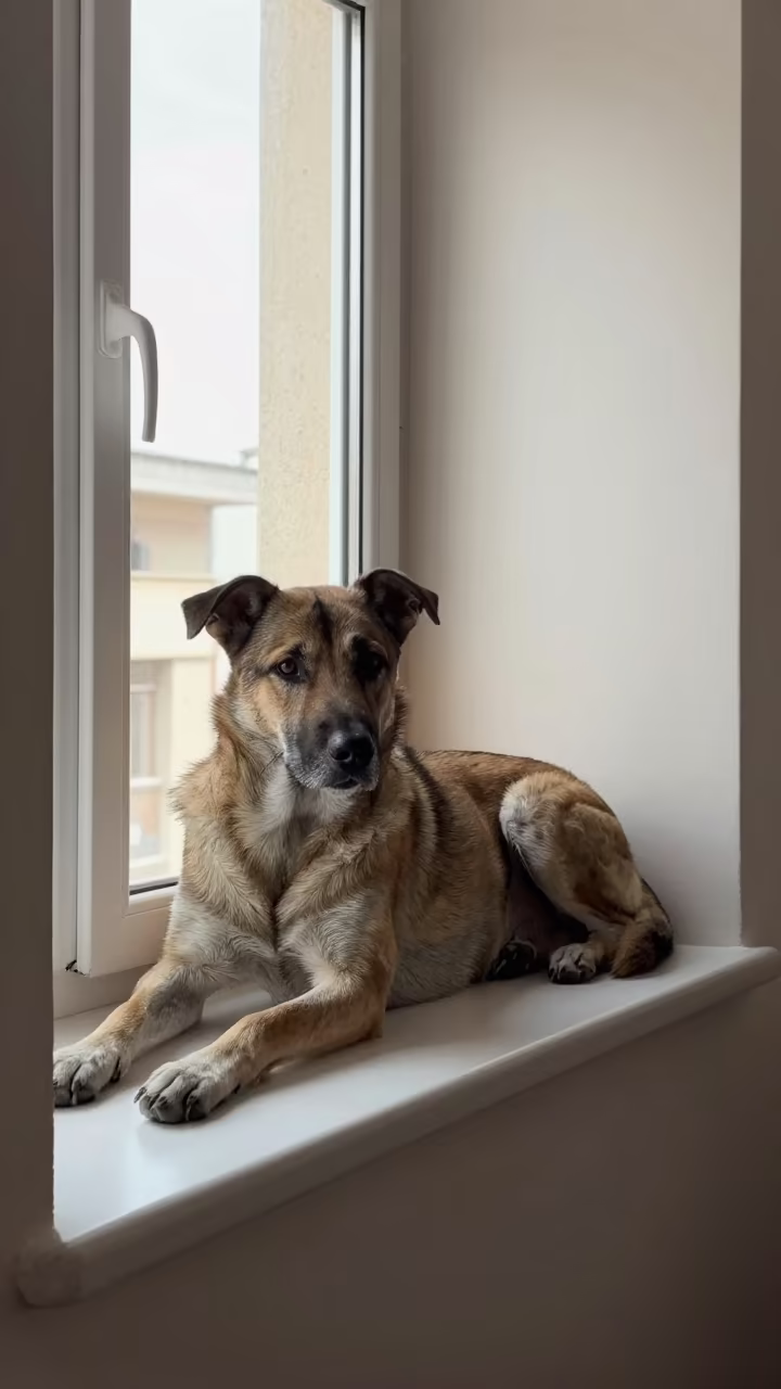 Resting Kelpie on Tehran Apartment Window Seat in on a window seat in a quiet apartment with soft side light near Tehran