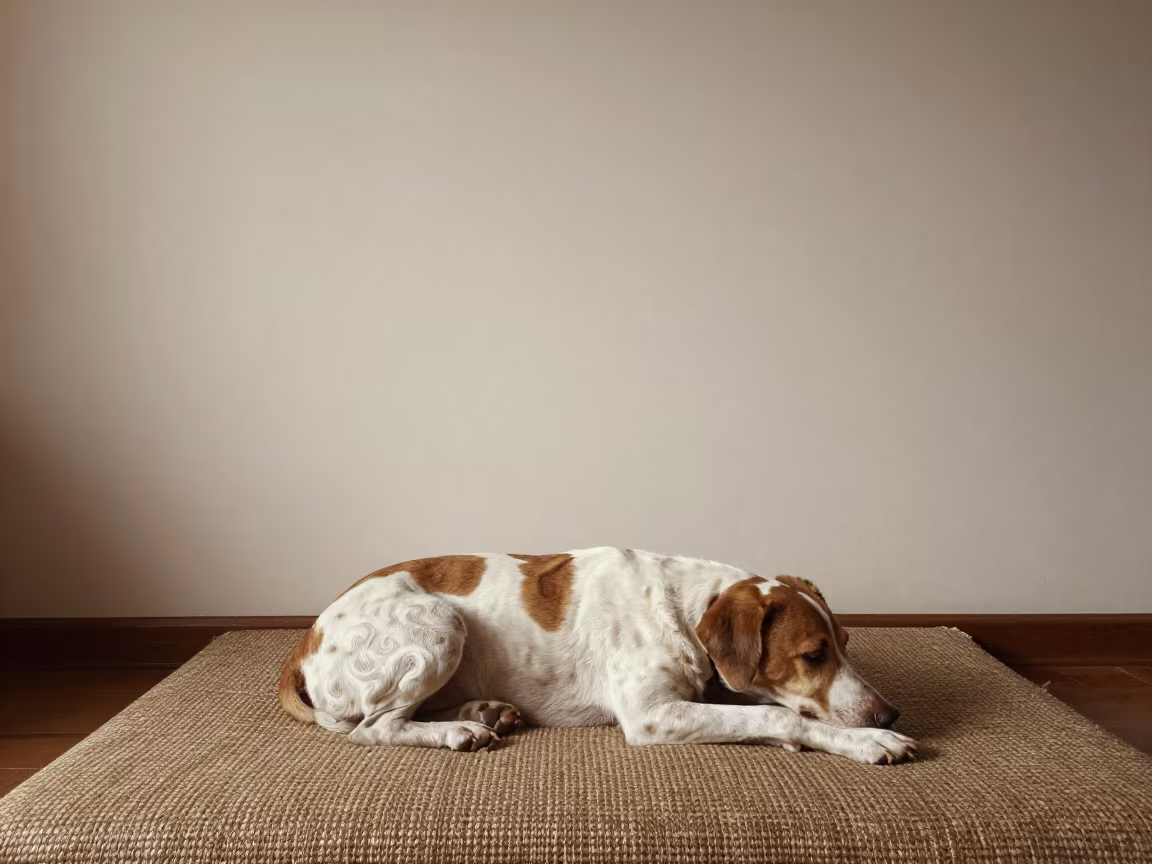 Resting Kromfohrlander in Samsun Home in on a woven rug beside a low couch and an uncluttered wall in Samsun