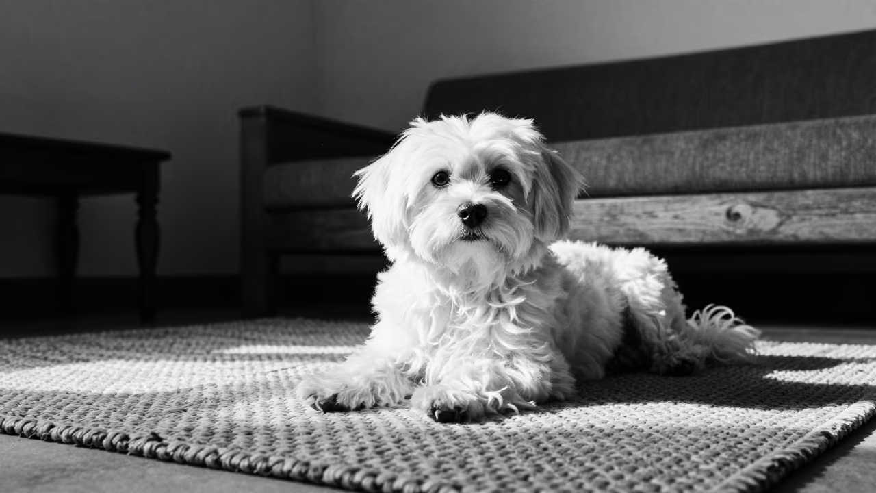 Resting Maltese on Woven Rug in Beawar Home in on a woven rug beside a low couch and an uncluttered wall in Beawar