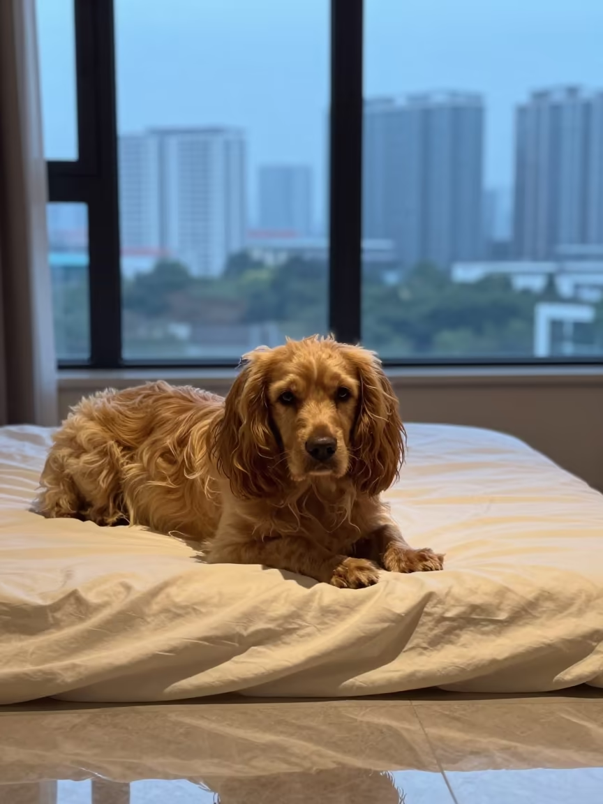 Resting Sussex Spaniel on Jakarta Bedspread in on a bedspread near a bright window with calm indoor light in Jakarta