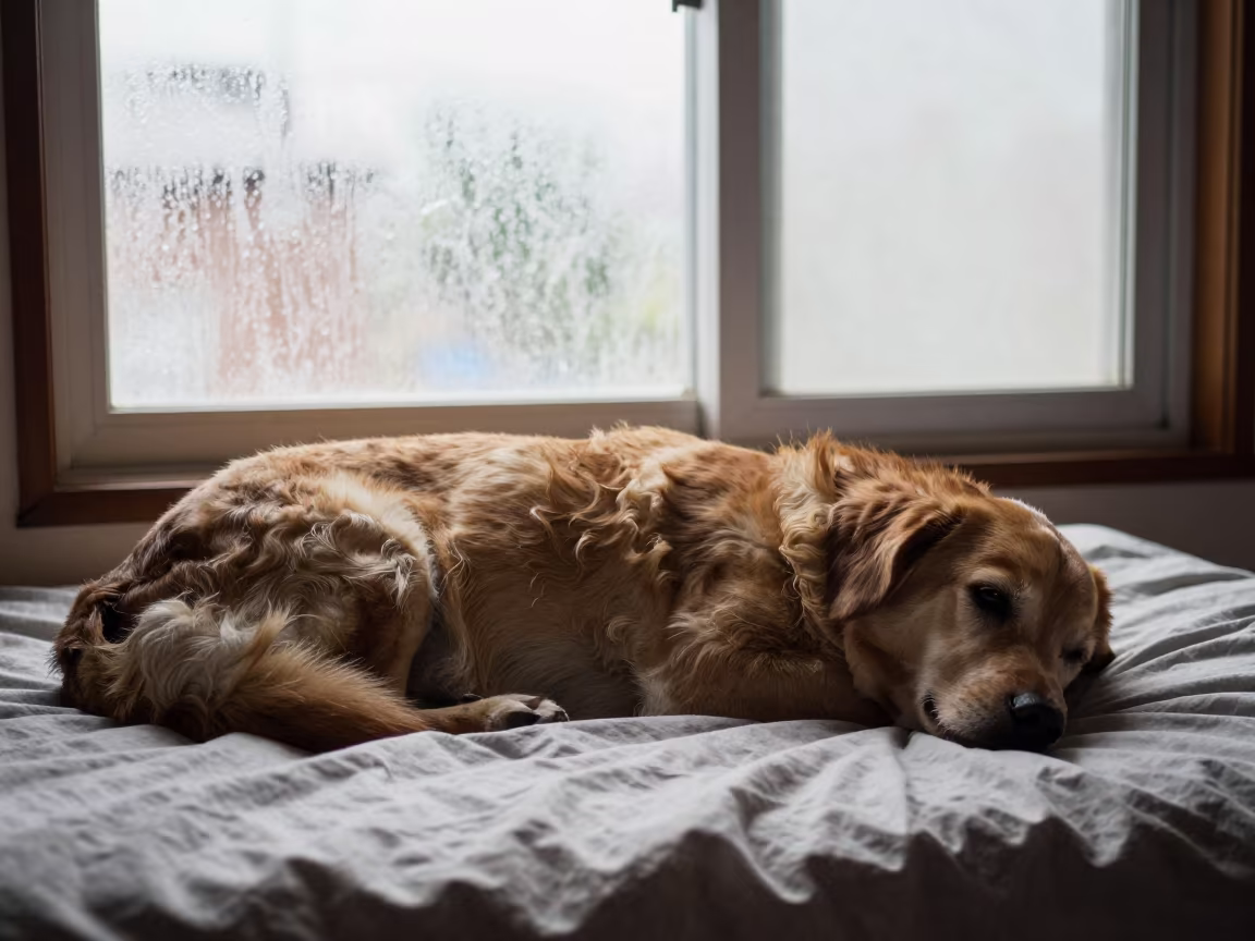 Resting Wetterhoun on Guangzhou Bedspread in on a bedspread near a bright window with calm indoor light in Guangzhou
