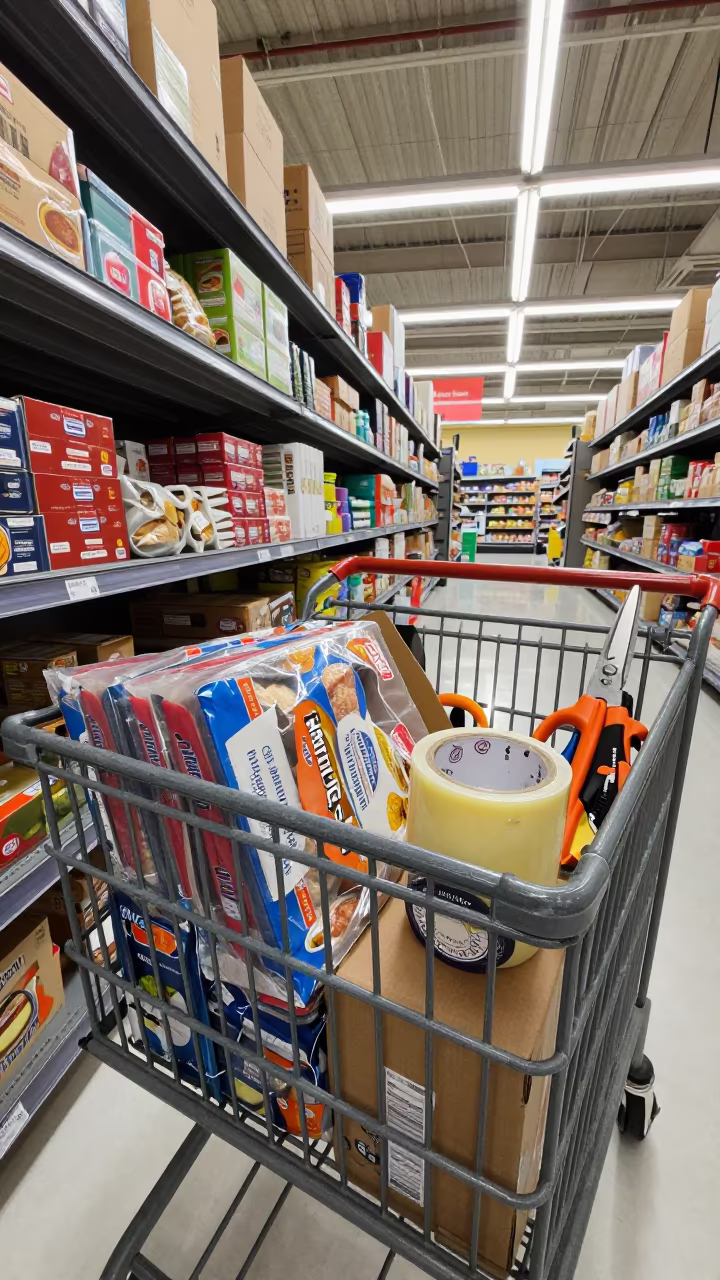 Restock Cart Detail in Reno Grocery Aisle in along a grocery aisle under flat fluorescent light in Reno