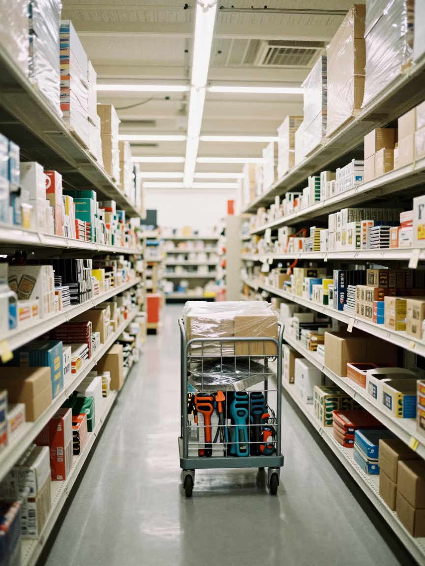 Restock Cart with Packaging Tools in Store Aisle in inside a store aisle lined with shelf tags in Salem