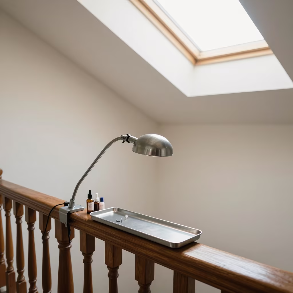 Restocked Esthetician Lamp Tray on Cusco Pier in on a pier railing near Cusco