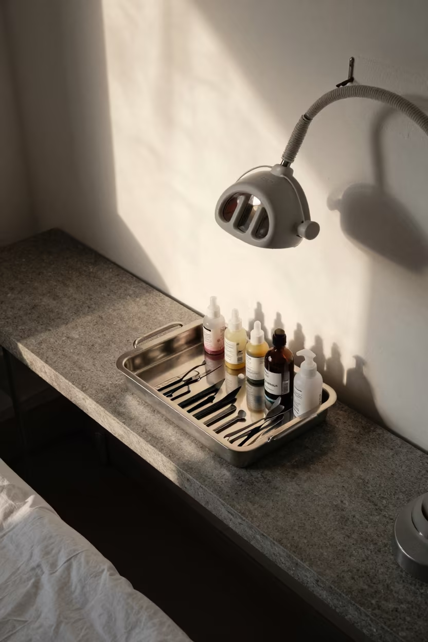 Restocked Esthetician Lamp Wheel Lock Tray in on a stone ledge in Sopocachi, La Paz