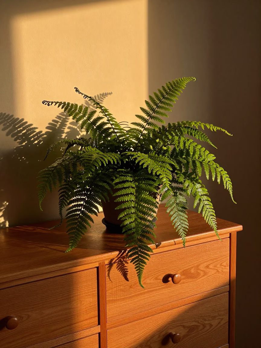 Resurrection Fern Unfurling on Hotel Dresser in on a hotel dresser near Salt Lake City