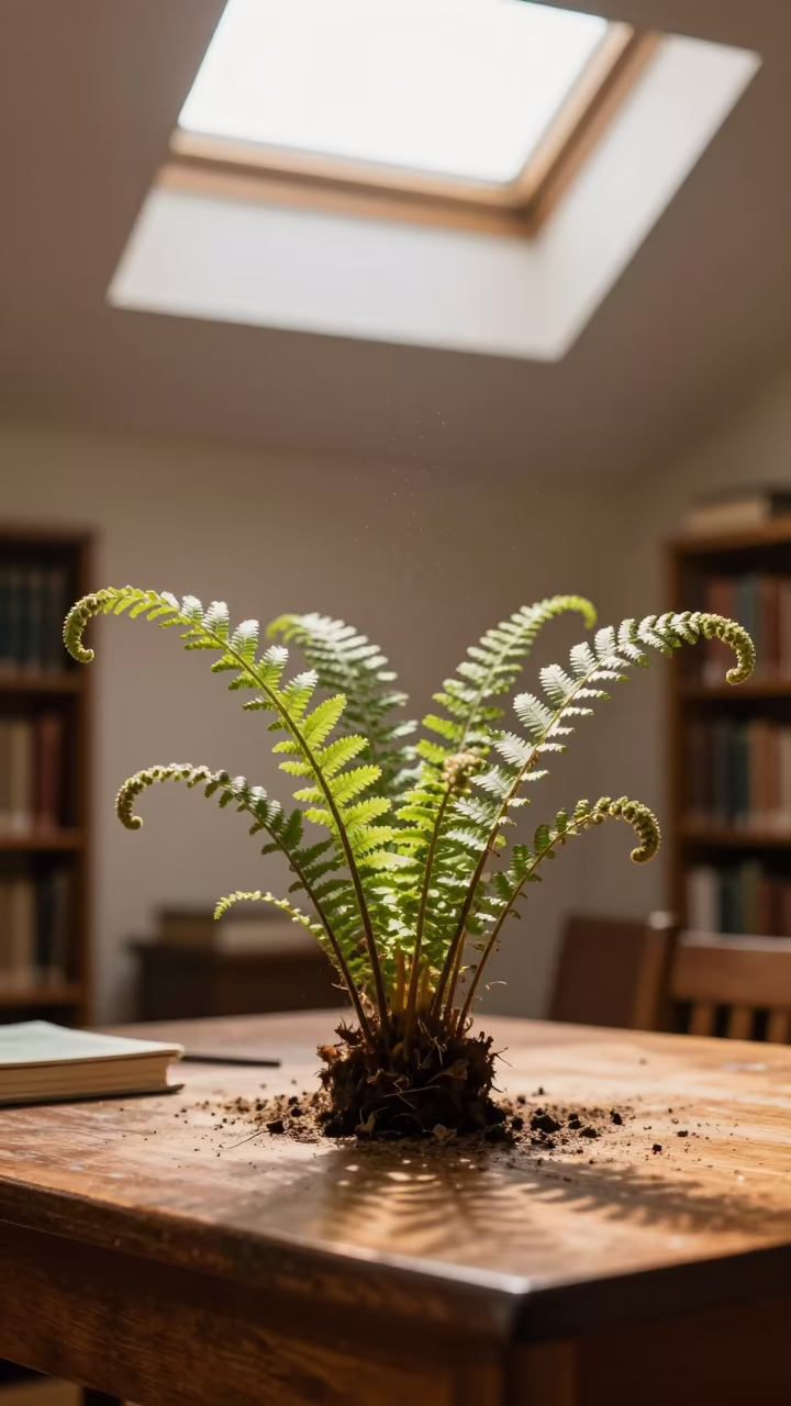 Resurrection Fern Unfurling on Library Table in on a dusty library table in Bissau
