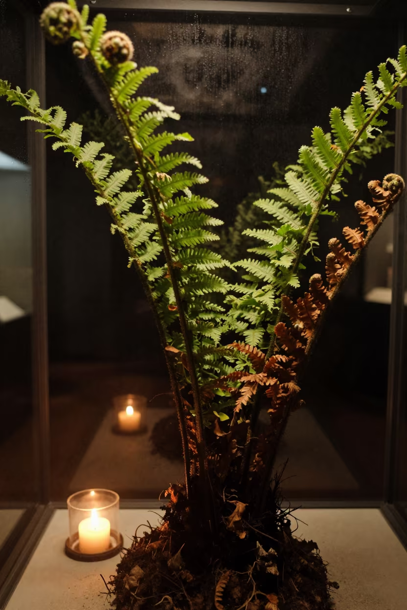 Resurrection Fern Unfurling on Museum Plinth in on a museum plinth near La Victoria