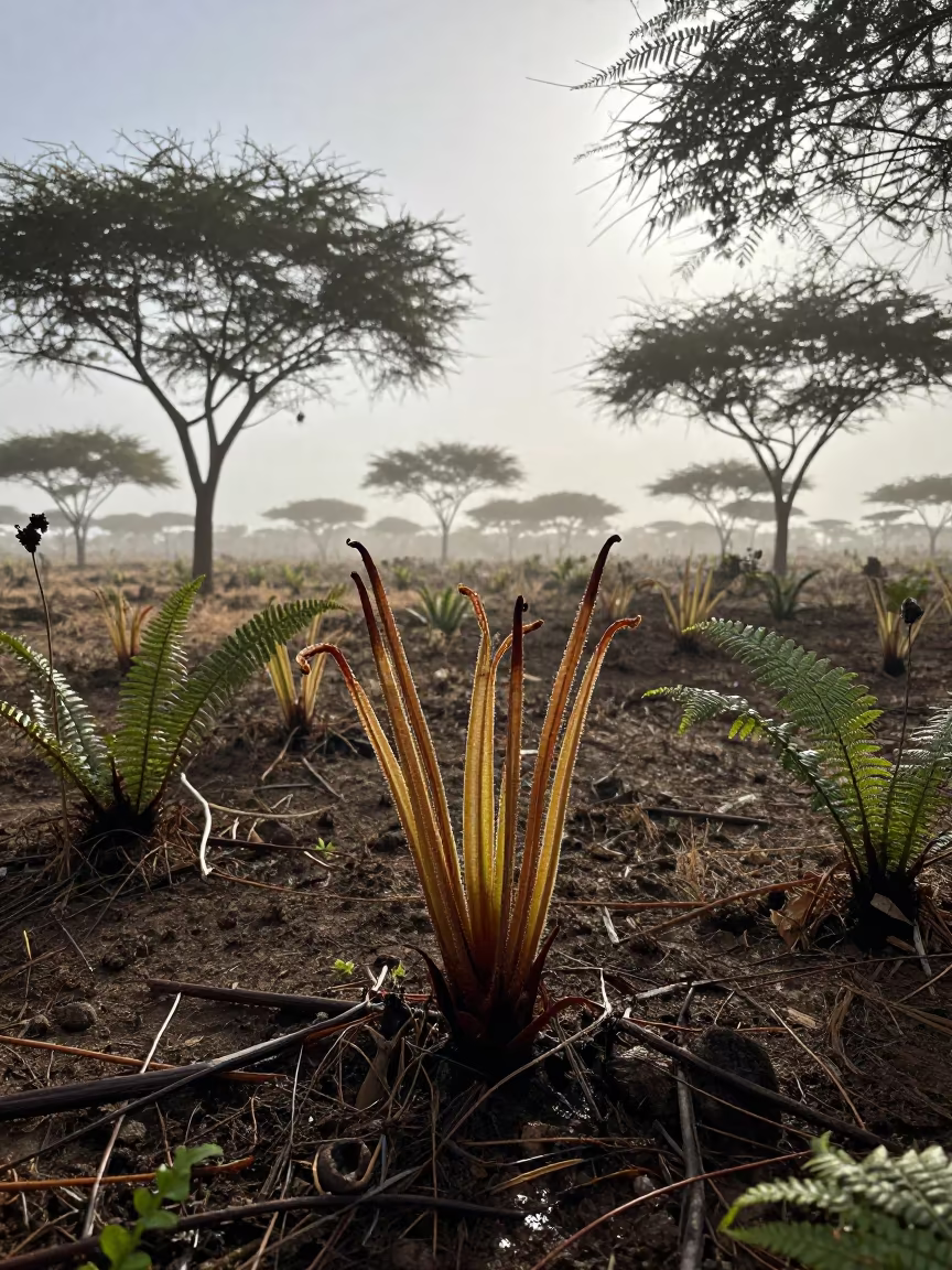 Resurrection Plant Unfurling in Mali Forest Light in on a fern-lined forest floor in Mali