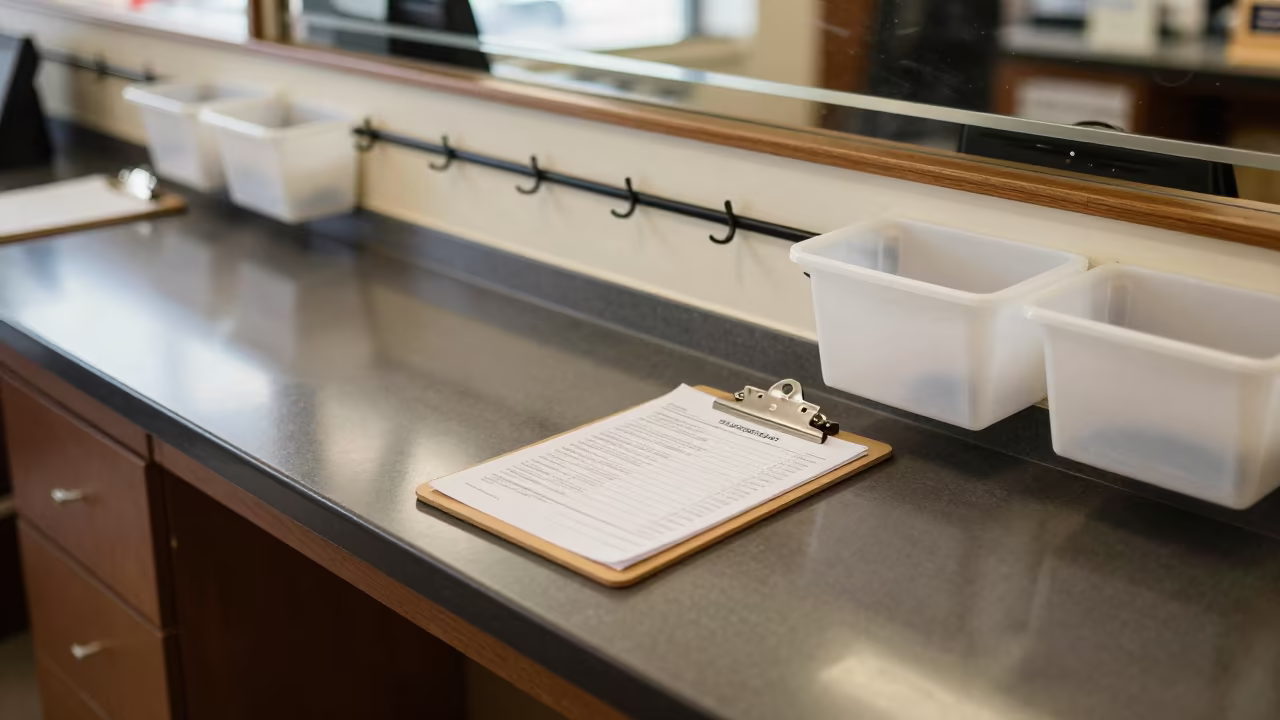 Retail Audit Clipboard at Checkout Lane in at a checkout lane under flat store light near Santos