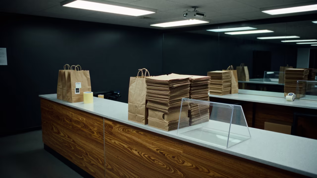 Retail Bagging Station Under Fluorescent Light in Changsha in at a cash wrap counter with bags stacked nearby in Changsha