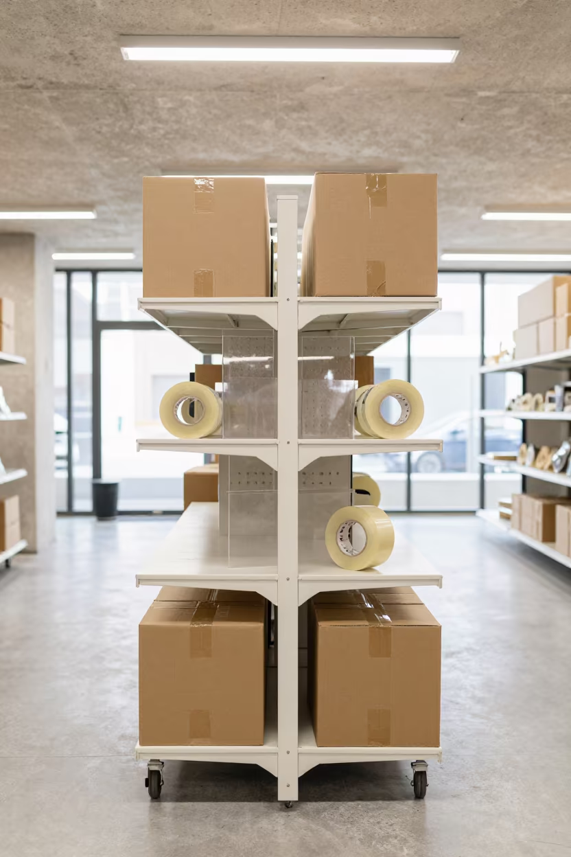 Retail Bagging Station Shelf Under Fluorescent Light in inside a bright retail aisle in Riyadh