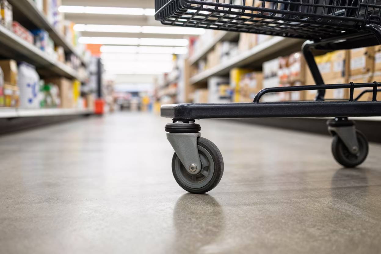 Retail Basket Wheel in Noon Fluorescent Light in at a checkout lane under flat store light in Hamilton