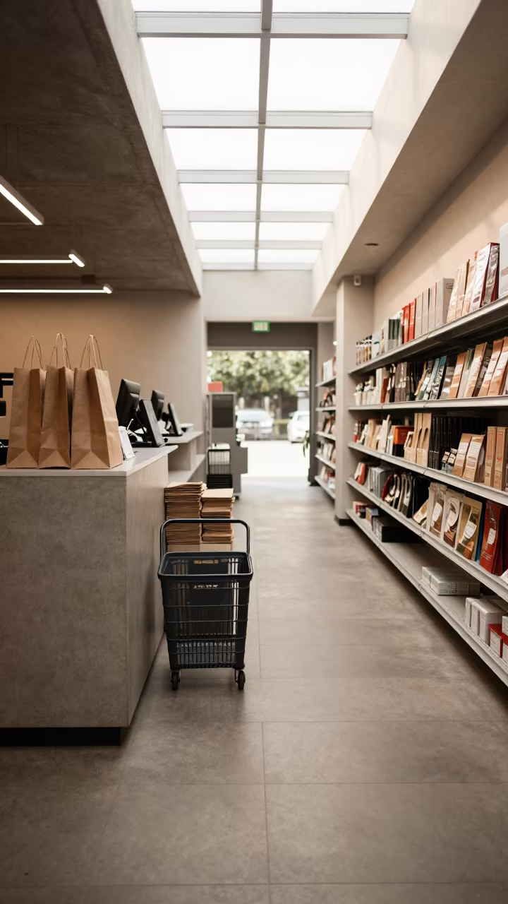 Retail Cart and Bags at Lobamba Cash Wrap in at a cash wrap counter with bags stacked nearby in Lobamba