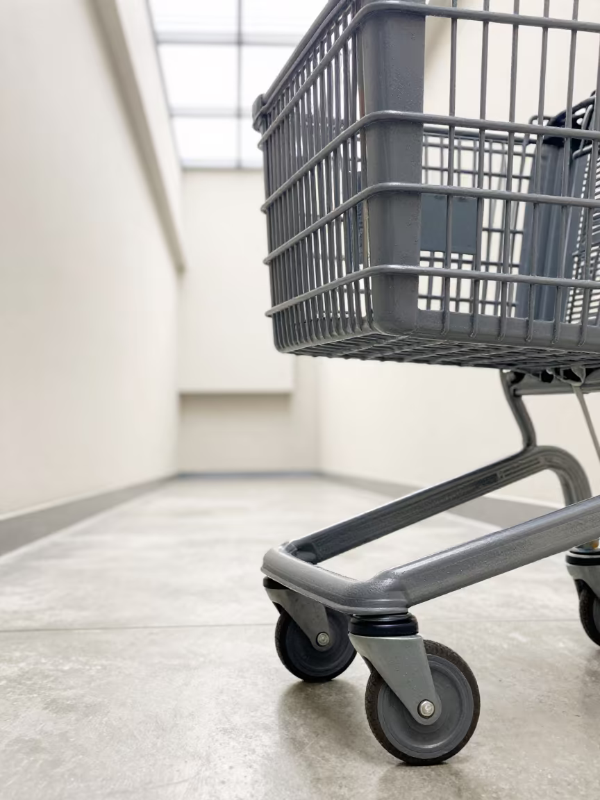 Retail Cart Wheel in Bright Monsoon Aisle in inside a bright retail aisle in Vellore