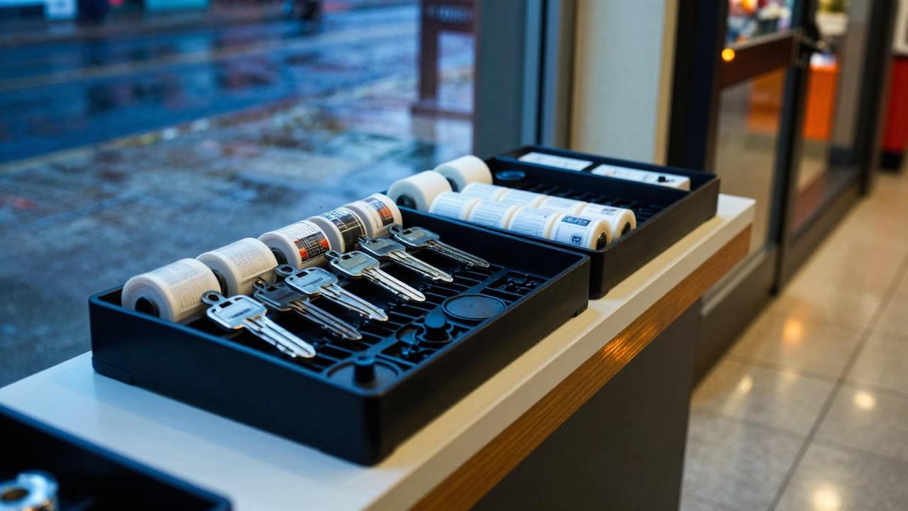 Retail Cashwrap Clip Tray in Evening Storefront Light in along a storefront glass line on a wet street near Guarenas