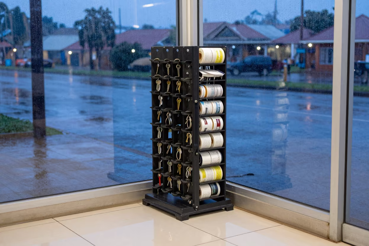 Retail Cashwrap Tray in Mbuji-Mayi Evening Rain in along a storefront glass line on a wet street in Mbuji-Mayi